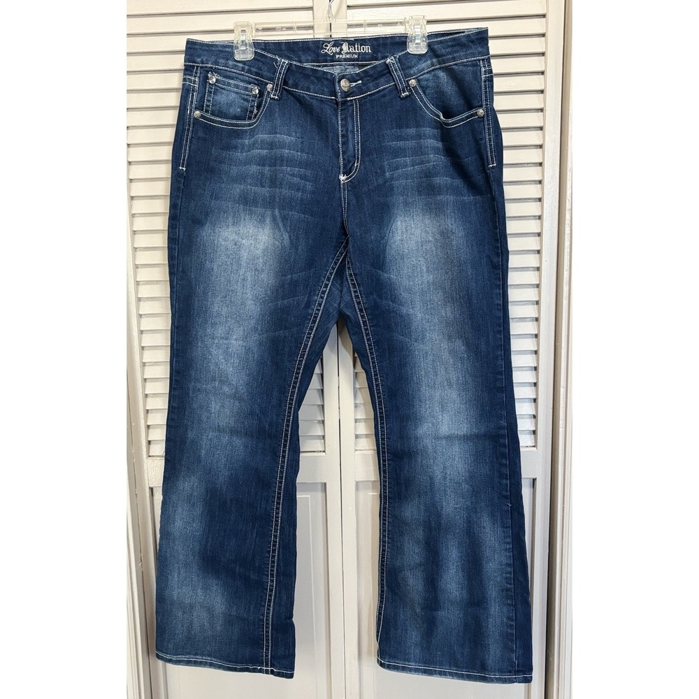 Love Nation Med Wash Bootcut Jeans Size 16 Embroidered Rhinestone Studs Logo